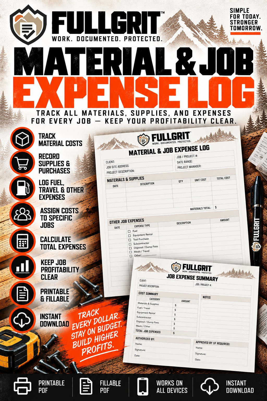 Official approved cover for Material & Job Expense Log