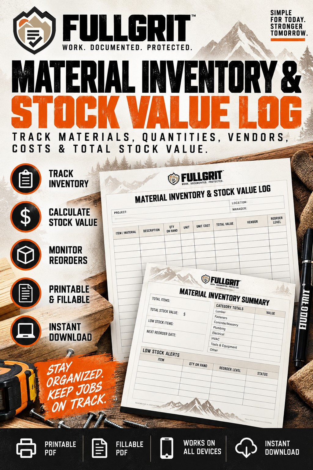 Official approved cover for Material Inventory & Stock Value Log