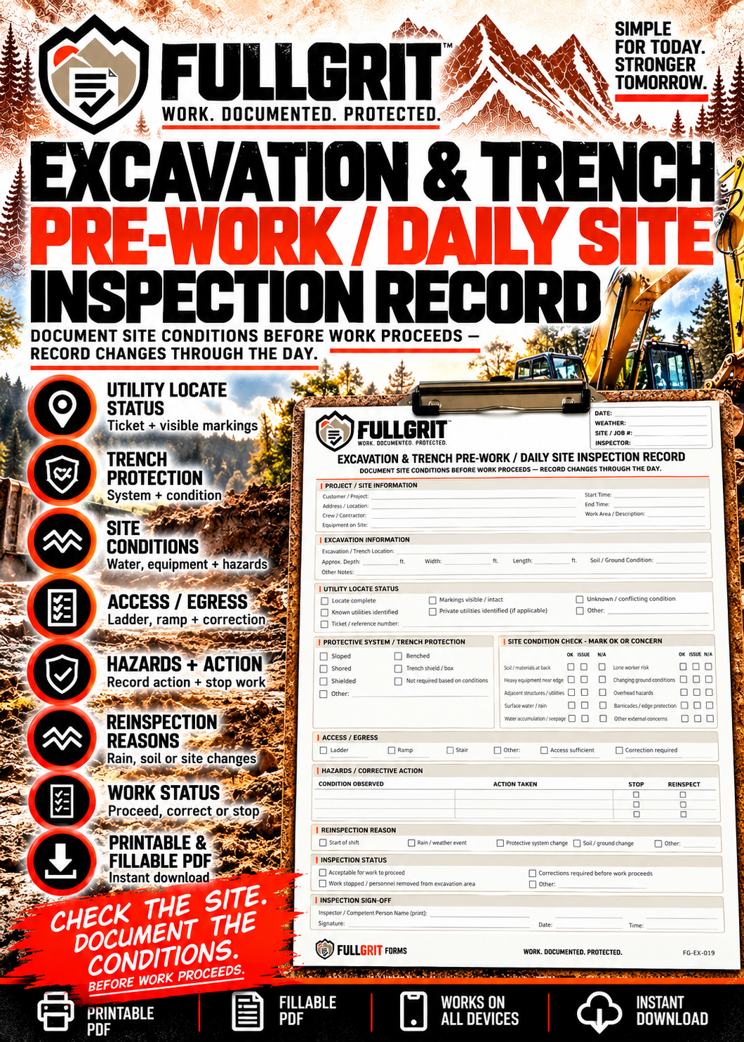 Official approved cover for Excavation & Trench Pre-Work / Daily Site Inspection Record